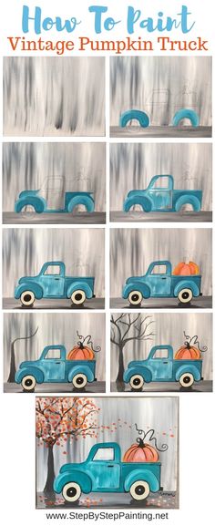 an old blue truck with pumpkins painted on the front and side, in different stages