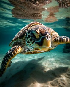 a green turtle swimming in the ocean