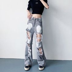 ?Blue Ripped High Waist Jeans for Women Y2K Vintage Straight Denim Trousers Female Streetwear Hollow Out Hole Hip Hop Pants ? ? Grunge Full-length Denim Bottoms, Ripped Baggy Y2k Bottoms, Full Length Denim Bottoms In Grunge Style, Edgy Denim Pants, Grunge High Rise Distressed Pants, Baggy Gray Grunge Jeans, Edgy Full-length Denim Pants, Gray Baggy Grunge Jeans, Y2k Style Distressed Pants For Spring