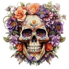 a skull with flowers on it's head is shown in this drawing by person