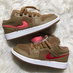 Rare Teddy Bear Air Jordan 1 Low Sneaker. Brown. Multicolor Swoosh. Rare. Brand New. Comes With Extra Laces And Original Shoebox. Rare Jordan Shoes, Jordan 1 Lows, Rare Jordans, Pink Jordans, Rare Shoes, Pretty Sneakers, Nike Air Jordan 6, Blue Jordans, Rare Sneakers