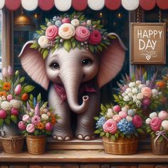 a painting of an elephant with flowers on it's head sitting in front of a flower shop