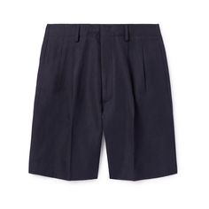 Loro Piana's 'Joetsu' Bermudas are a seriously smart pair of shorts. They're cut from lightweight cotton and linen-blend twill and have pleats at the top for a sharply tailored look and feel. Classic Tailored Short Bottoms, Tailored Shorts With Welt Pockets, Tailored Shorts With Pockets, Elegant Cotton Shorts With Pockets, Classic Semi-formal Short Bottoms, Classic Short Leg Bottoms With Welt Pockets, Navy Relaxed Fit Bottoms, Short Length, Tailored Bottoms With Pockets, Classic Bermuda Bottoms With Welt Pockets