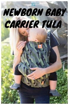 a woman holding a baby in her sling with the words newborn baby carrier tula