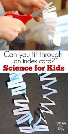 a child cutting out letters with scissors on top of paper and the words can you fit through an index card? science for kids