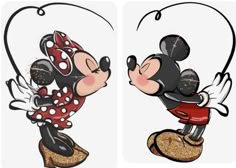 two cartoon mickey mouses with red and black outfits, one is wearing a polka dot hat