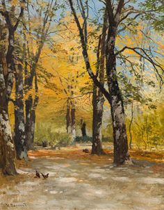 an oil painting of trees in the woods with yellow leaves on them and one person walking