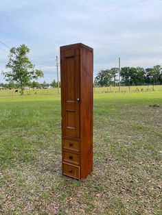 a tall wooden cabinet sitting in the middle of a field