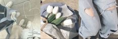 two pictures one with flowers and the other with ripped jeans, both have white tulips in them