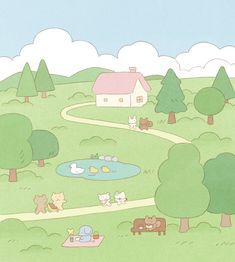 there is a cartoon scene with many animals in the field and on the path to the house