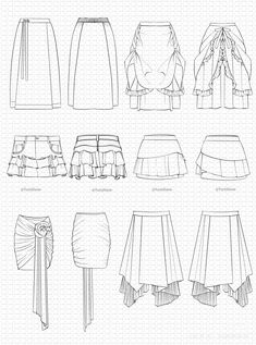 different types of skirts are shown in black and white, including one with ruffles