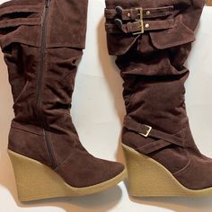 So Many Cute Details: Zipper, Buckles, And A Wedge Heel. These Were A Floor Model. Partial Tags On The Soles. Pet Free Smoke Free Home. All Sales Photographed. See Chart For Size. C2 Casual Brown Platform Wedge Boots, Brown Suede Platform Wedge Boots, Brown Suede High Heel Wedge Boots, Coquette Boots, Knee High Wedge Boots, Cute Website, Plush Carpet, High Wedges, Qupid Shoes