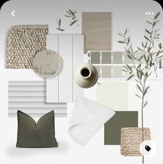 an assortment of neutrals and greens in the color scheme for a home decor project