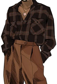 a drawing of a man in brown pants and a black shirt with plaid on it