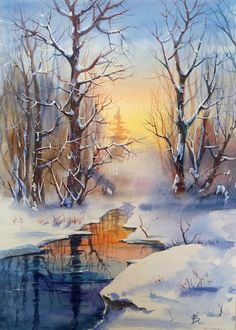 a painting of trees and water in the snow