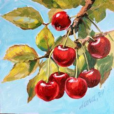 an oil painting of cherries on a tree branch