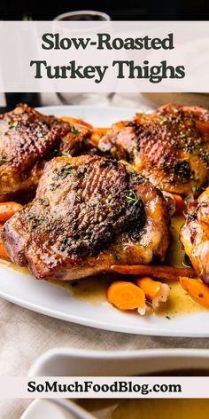 These easy Slow-Roasted Turkey Thighs are perfect for a low-key Thanksgiving dinner. They’re made in one pan and slathered with the most delicious garlic-herb butter.