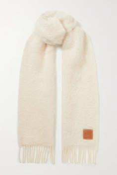 Loewe's scarf is crafted from a wonderfully cozy blend of mohair and wool. It's finished with delicate fringing and the house's signature leather 'Anagram' patch at the ends. Cute Scarfs, White Scarves, Fall Shopping, Wool Scarf, Winter Accessories, Net A Porter, Winter Scarf, Women Collection, White Leather