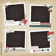 four different frames with buttons and ribbons on them, one is for the word love story