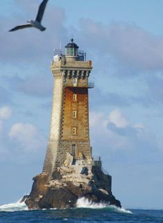 a bird flying over a light house in the ocean