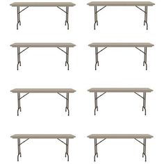 six tables with four legs and one table top on each side, all in different positions