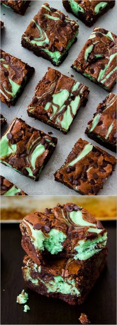 chocolate brownies with green frosting on top and in the middle, cut into squares