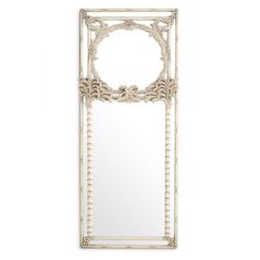 an ornate white mirror with beaded trim