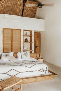 a large bed in a room with white walls