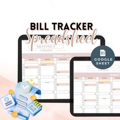 a tablet computer sitting on top of a desk next to a monitor with the words, bill tracker spreadsheet