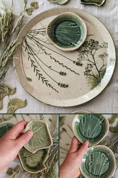 handmade ceramic plates with plants and leaves on them are being used to decorate dishes