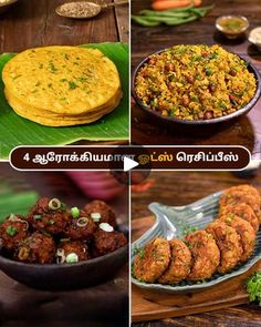 four different pictures of food including rice, meatballs and other foods in bowls on a table