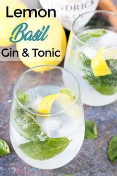 two glasses filled with lemon basil gin and tonic