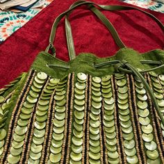 Moyna Wooden Bead Snd Shell Lime Green Linen Trim Handbag With Leather Tassel Straps; Never Used Beautiful Artistry Green Beaded Bag For Summer, Green Beaded Bag, Trendy Green Beaded Bag, Bohemian Green Beaded Bag, Summer Green Beaded Bag, Green Cream, Linen Bag, Leather Tassel, Green Bag