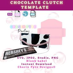 the chocolate clutch template is shown with its name and description in pink, white, and black