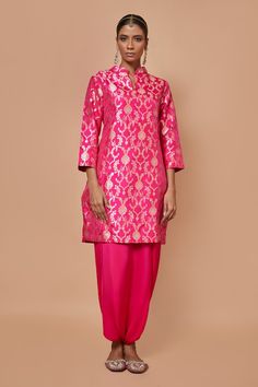 Pink banarasi silk kurta in a floral vine zari woven pattern. Comes with draped dhoti pant. - Aza Fashions Pink Zari Weave Kurta For Festive Occasions, Pink Kurta With Zari Weaving For Diwali, Pink Zari Weaving Kurta For Diwali, Fitted Slub Silk Kurta For Navratri, Fitted Palazzo Set For Puja And Festivals, Designer Pink Dola Silk Kurta, Pink Kurta With Zari Weaving For Festive Occasions, Festive Blouse Piece For Diwali With Straight Kurta Shape, Festive Pink Kurta With Zari Weaving