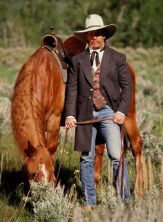 Okay... I don't wear anything like this in St. Louis. But I have always liked the look. Must be a past life thing. Cowboy Tuxedo Wedding Jeans, Mens Western Wedding Attire, Cowboy Clothing, Horse Family, Katharine Ross, Weird West, Mens Western Wear, Cowboy Action Shooting, Ben Johnson