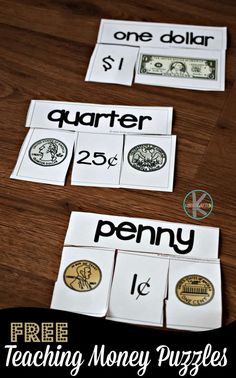 money counting game with the words quarter, quarter and penny written on each one dollar