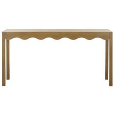 a wooden table with scalloped legs and a long top, on a white background