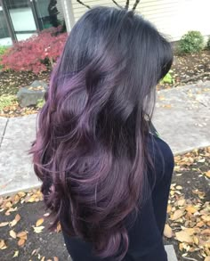 Dark Brown Purple Highlights, Plum Purple Balayage, Purple Highlights Brunette, Purple Dyed Ends, Purple And Brunette Hair, Colorful Balayage Hair, Purple Balayage Black Hair, Deep Purple Balayage, Dark Purple Balayage