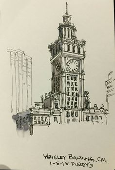 a drawing of a building with a clock tower in the center and words wrigley buildings chi below it