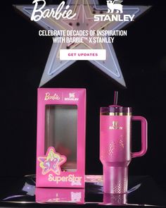 a pink cup with a straw in it next to a box and the words barbie starlight