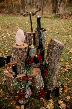 a table topped with candles and tree stumps