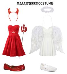 a woman in red dress and angel wings next to white shoes, with text halloween costume