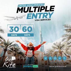 an advertisement for the united arab emirates's multiple entry visa services, with a man standing in front of palm trees