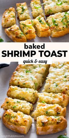 an easy baked shrimp toast is cut into squares and placed on a baking sheet with the rest of the crust removed