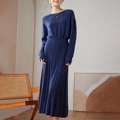 Lasaky - Round Neck Cashmere Knit Dress with Waist Cinching, Midi Knitted Sweater Dress Engagement Gown, Knitted Sweater Dress, Cashmere Outfits, Engagement Dresses, Home Dress, Crewneck Dress, Knit Sweater Dress, Knit Midi Dress, Types Of Skirts