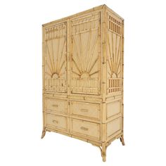 an antique bamboo armoire with drawers and curtains on the front, isolated against a white background