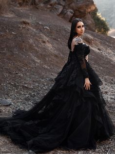 Black Gothic Wedding Dress Long Sleeves Applique Tiered Skirt Off Shoulder V-neck Alternative Bridal Gown Size 16 Wedding Dress, Lavender Prom Dress Long, Black Wedding Dress Gothic, Wedding Dress Black, Lavender Prom Dresses, Black Wedding Dress, Goth Wedding