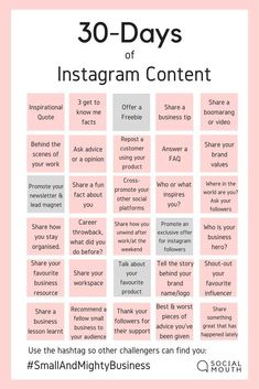 the 30 - days of instagramm content info sheet for small and mighty business