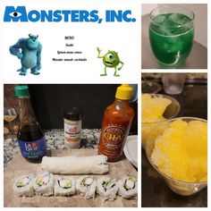 there are pictures of food and drinks on the table with words monsters, inc written above them